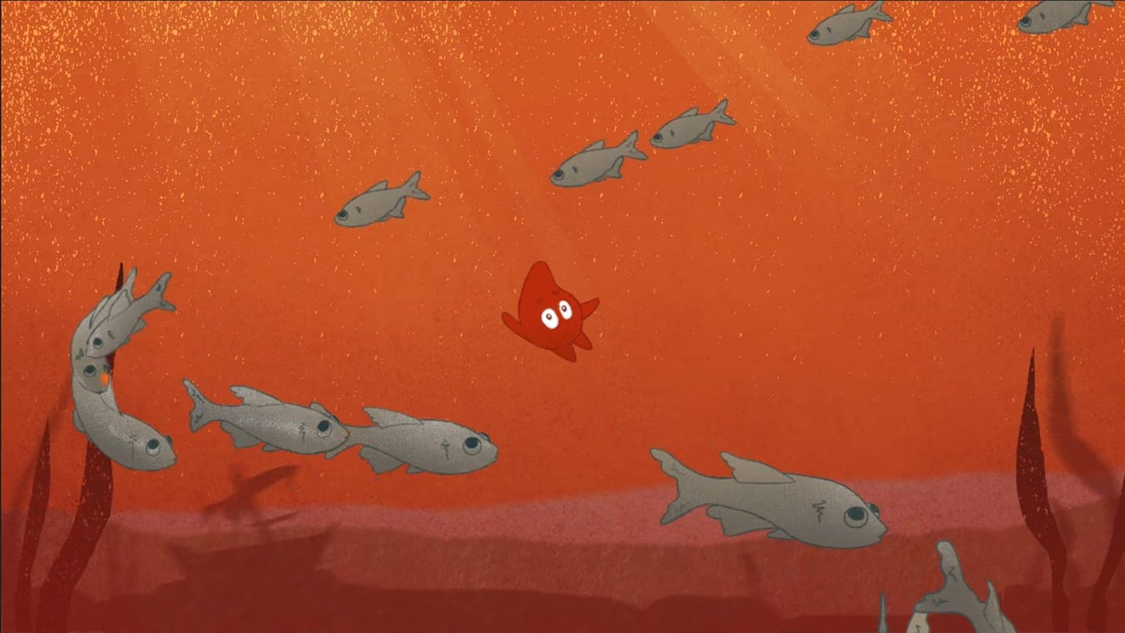 Ilustração: a gotinha vermelha nada no fundo do rio, entre peixes.
