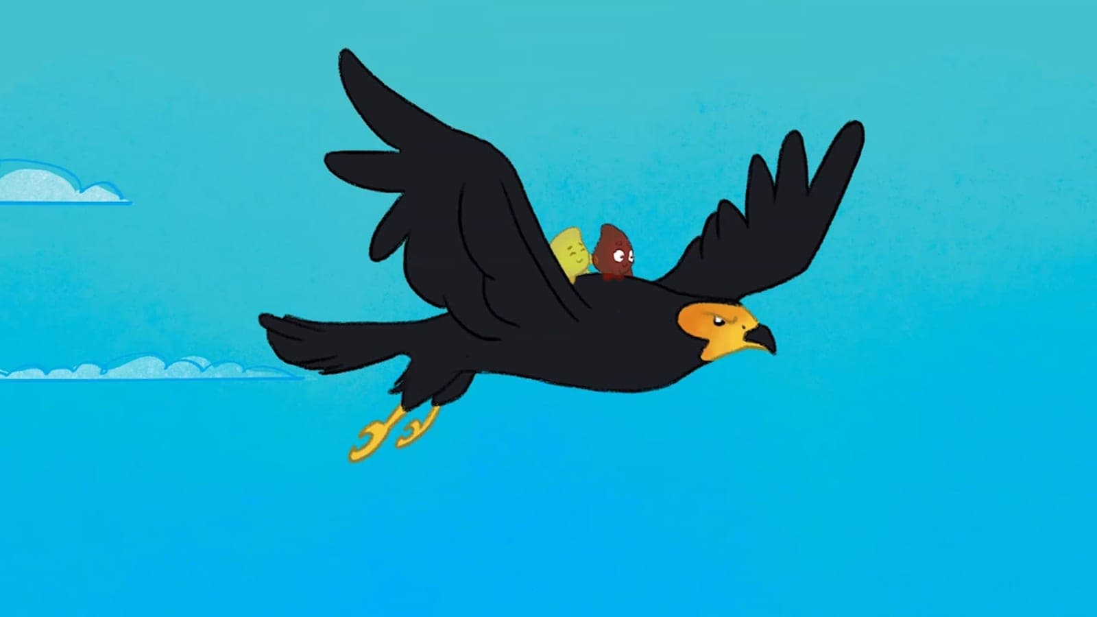 Ilustração: um gavião voa no céu azul levando a gotinha nas costas.