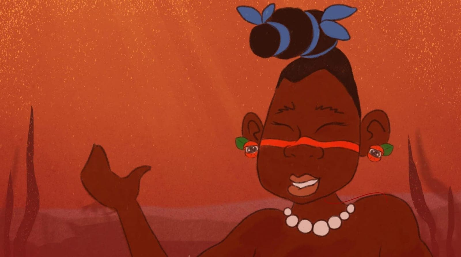 Ilustração: mulher indígena com pintura vermelha no rosto, sorrindo, debaixo da água.