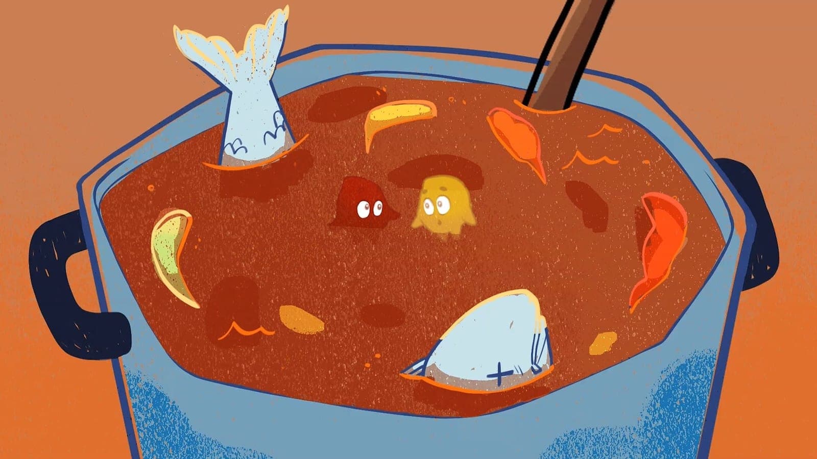 Ilustração: as gotinhas dentro de uma panela de caldeirada, com peixe e temperos.
